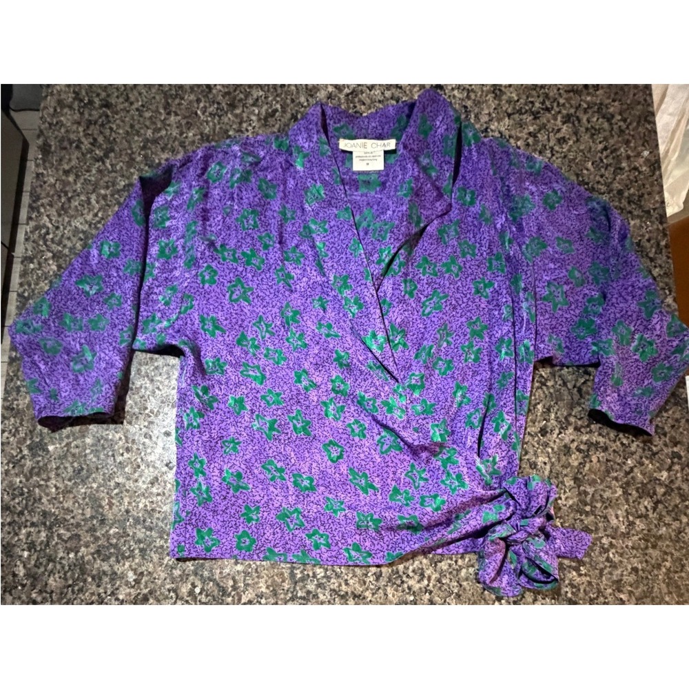 Joanie Char Vintage 100% Silk Wrap Blouse Purple Green‎ Floral Star Top Size 12